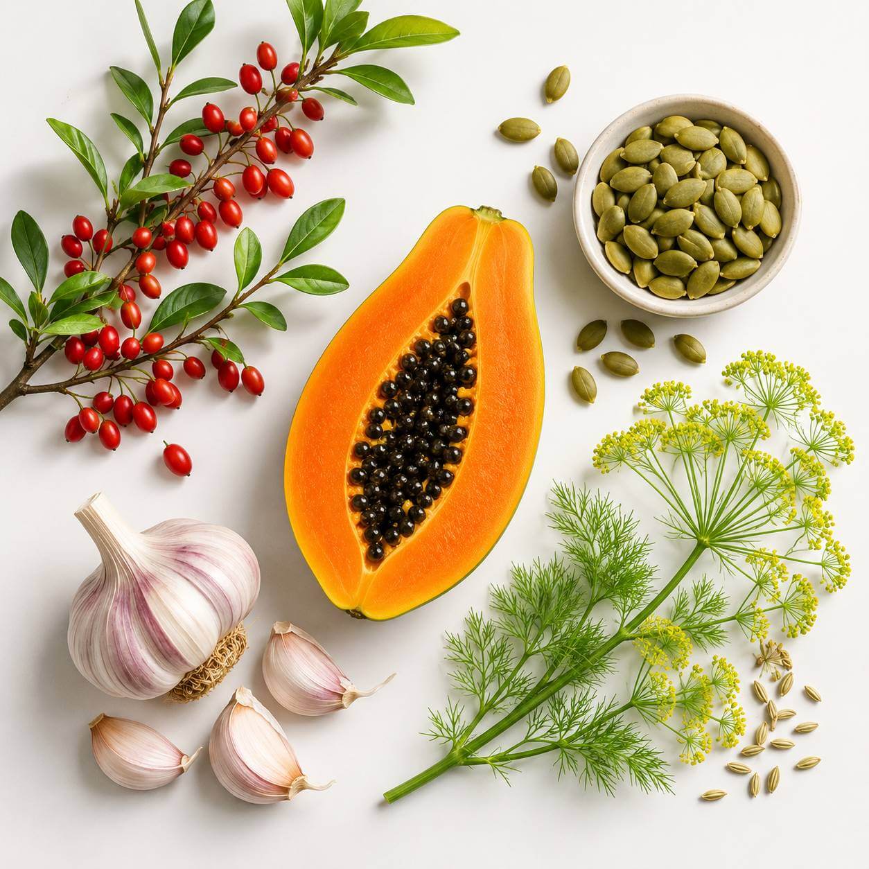 Ingredientes vegetais: bérberis, abóbora, papaia, alho e funcho